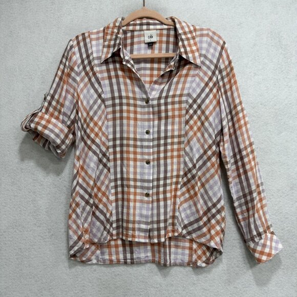 Cabi Shirt Womens Small Brown Orange Purple Plaid Button Front Roll Tab High Low - Picture 1 of 10